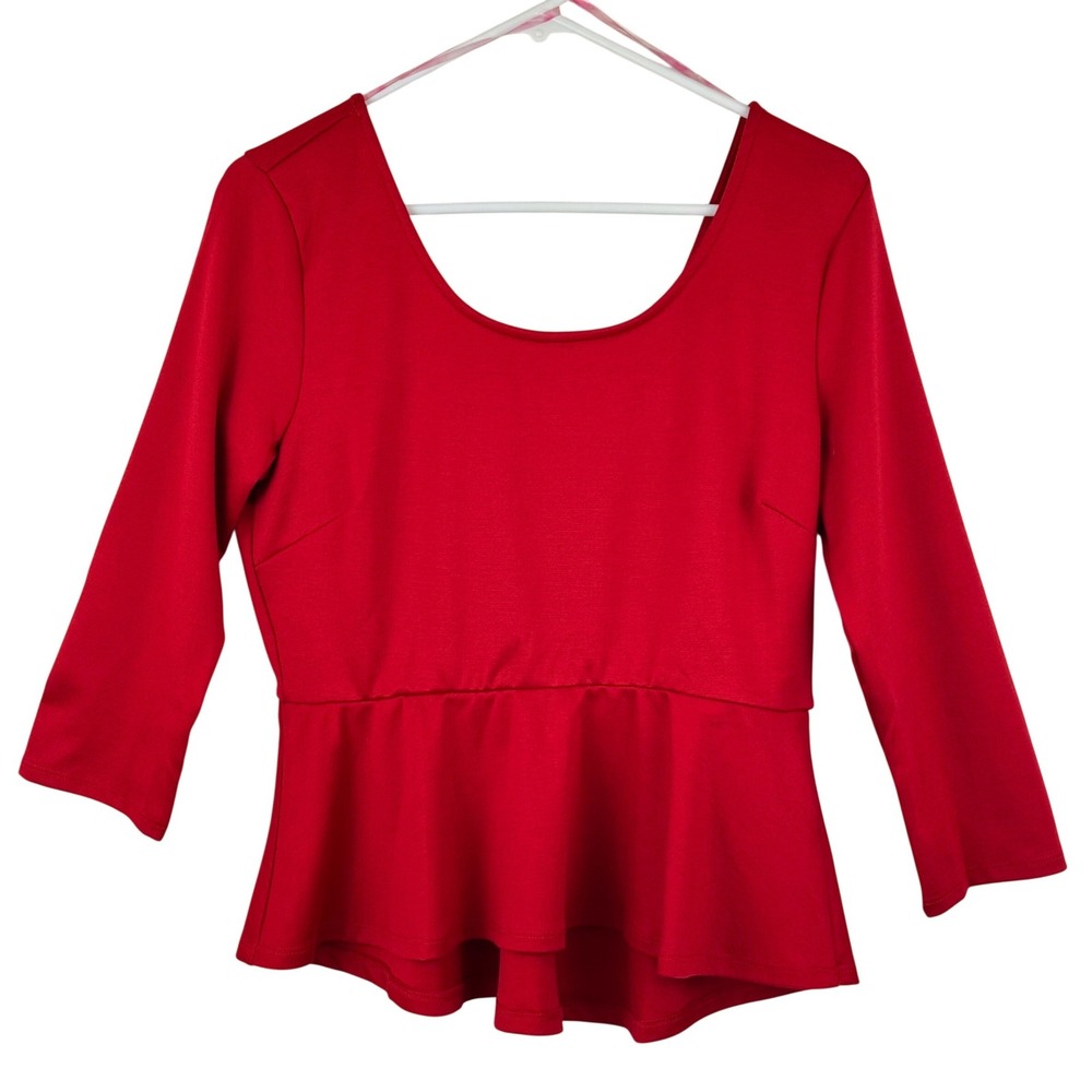 Red Peplum Top Bow Back Scoop Neck Stretch Feminine Holiday Chic Office Siren